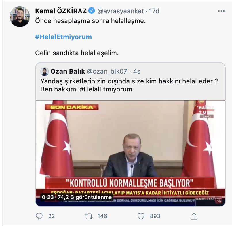 Erdoğan ‘helallik’ istedi; Twitter’da #HelalEtmiyorum etiketi Twitter Trend Topic listesinde birinci oldu
