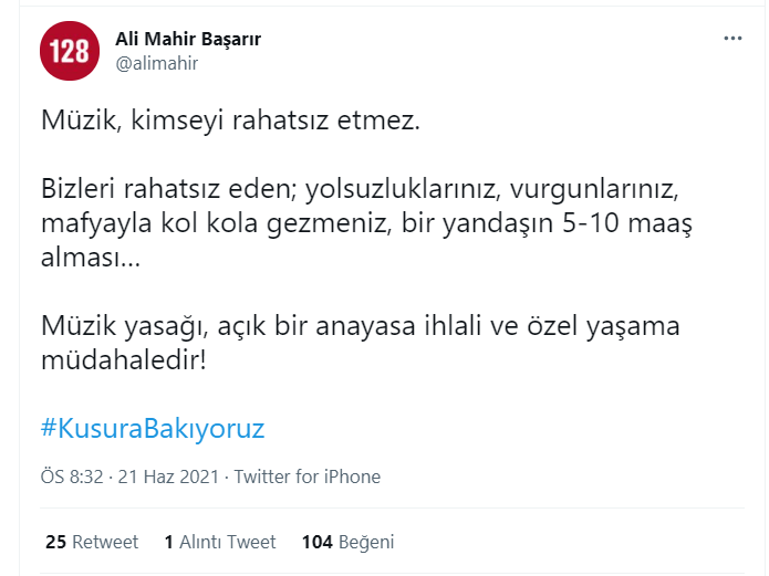 Sosyal medyada Erdoğan'ın müzisyenler için “Kusura bakmasınlar, gece kimsenin kimseyi rahatsız etmeye hakkı yoktur” sözlerine tepki: #KusuraBakıyoruz