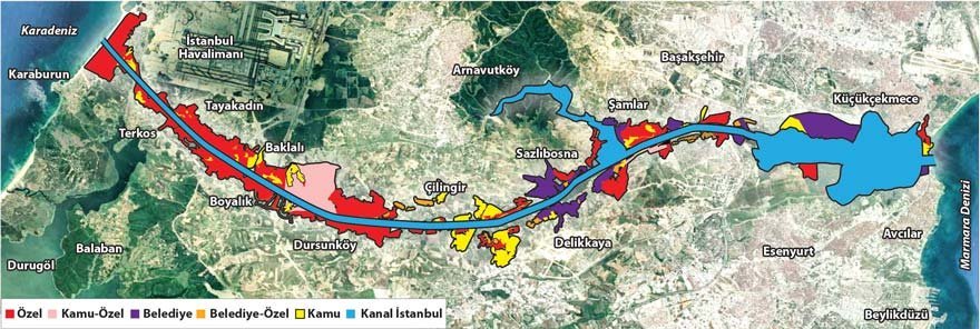 Haritadaki kırmızı alanlar, Kanal İstanbul güzergahındaki özel şirketler ve şahıslara ait arazileri gösteriyor