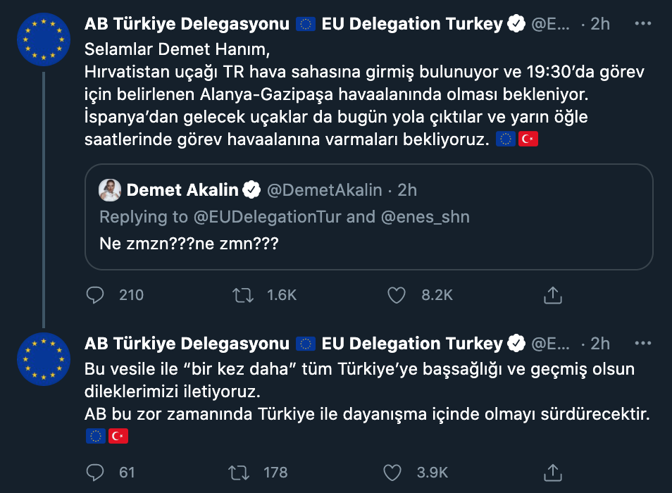 AB Türkiye Delegasyonu, Demet Akalın'a Twitter'dan cevap verdi