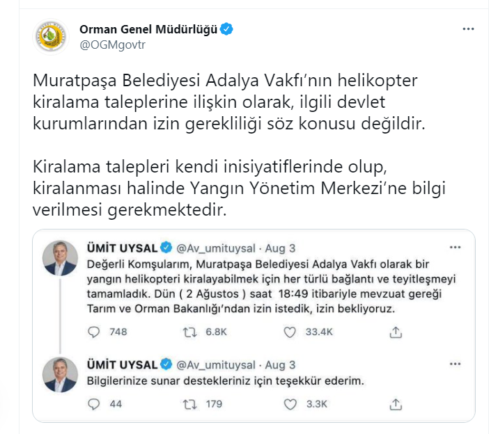 OGM'den yangın söndürme helikopteri için müsaade bekleyen Muratpaşa Belediye Lideri'ne cevap: Müsaade gerekmiyor