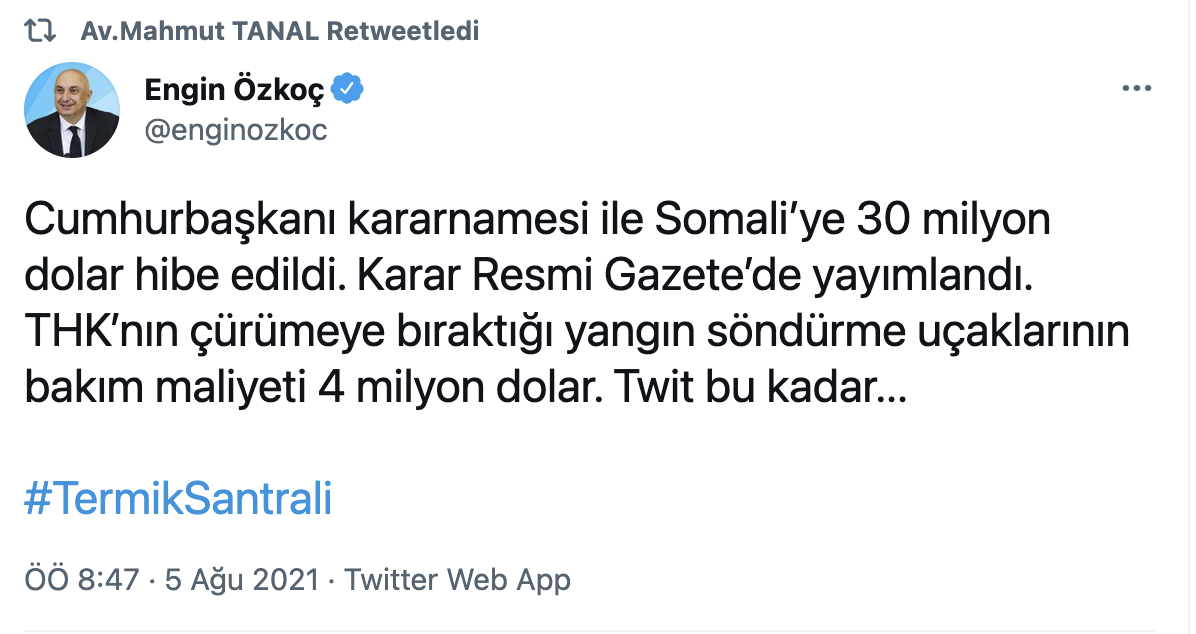 CHP'li Özkoç'tan Somali'ye 30 milyon dolar hibe edilmesine reaksiyon: THK’nın çürümeye bıraktığı yangın söndürme uçaklarının bakım maliyeti 4 milyon dolar