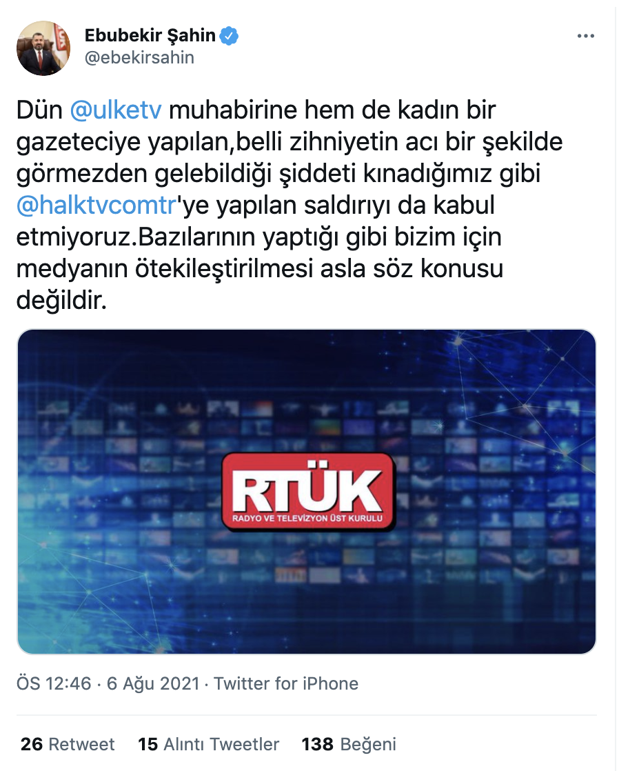 RTÜK Lideri: Halk TV'ye yapılan saldırıyı da kabul etmiyoruz, kimilerinin yaptığı üzere bizim için medyanın ötekileştirilmesi asla kelam konusu değil