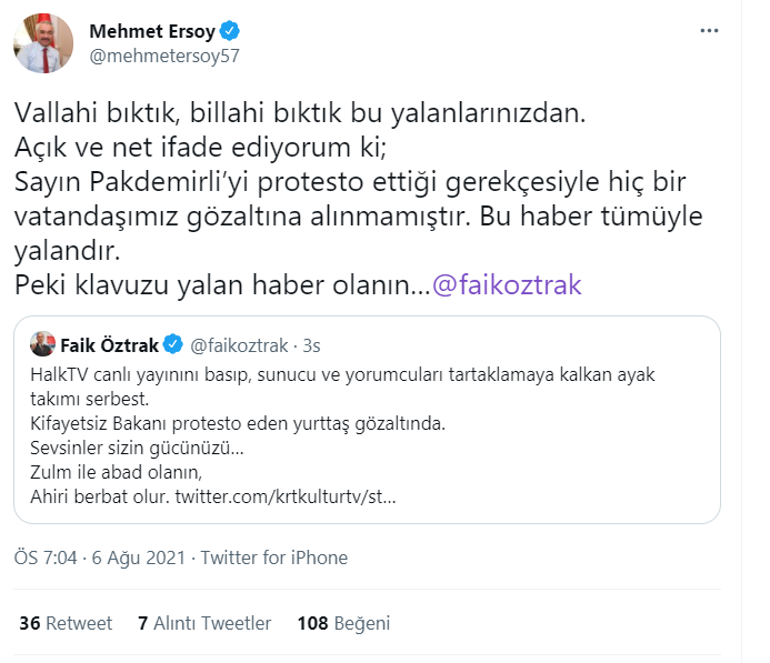 İçişleri Bakan Yardımcısı'ndan CHP'ye: Bıktık bu yalanlarınızdan; Pakdemirli'yi protesto ettiği gerekçesiyle hiçbir vatandaşımız gözaltına alınmadı