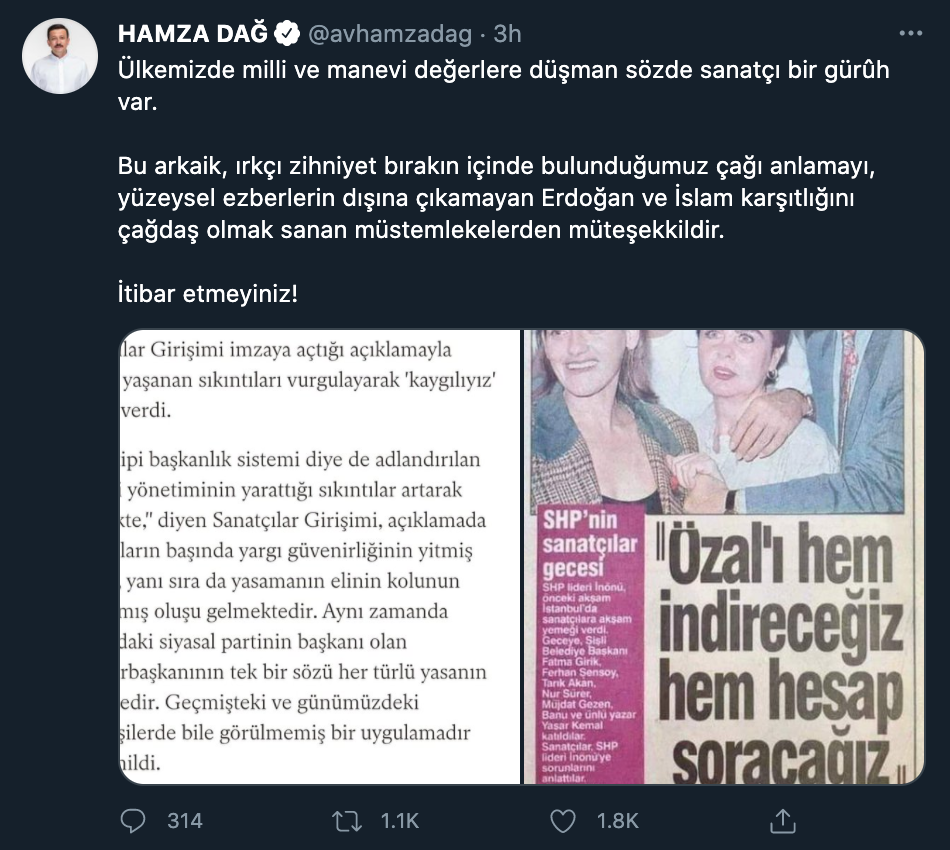 AKP'li Hamza Dağ, sanatkarları gaye aldı: Ulusal kıymetlere düşman güruh