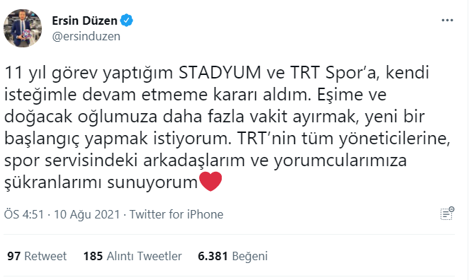 Ersin Nizam, TRT'den ayrıldığını açıkladı