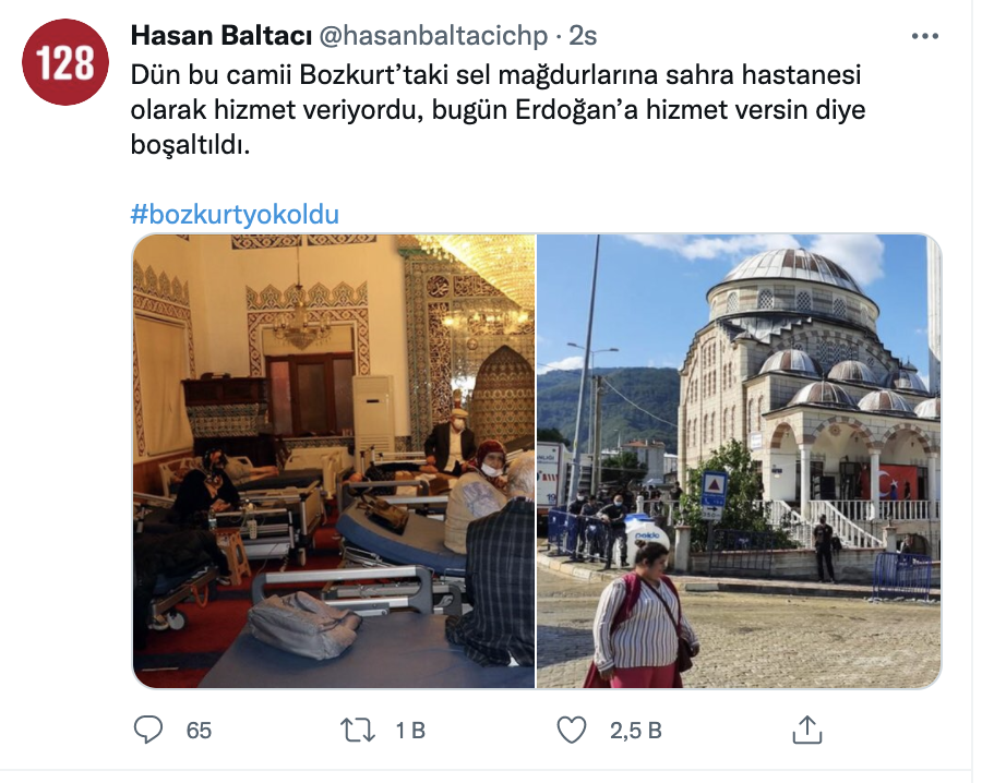 CHP'li Baltacı: Dün sel mağdurlarına sahra hastanesi olarak hizmet veren camii, bugün Erdoğan'a hizmet versin diye boşaltıldı