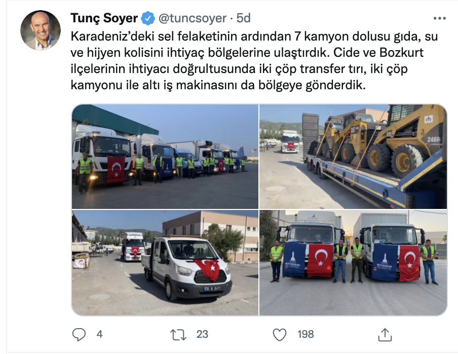 İzmir Büyükşehir Belediye Lideri: Karadeniz’deki sel felaketinin akabinde 7 kamyon dolusu besin, su ve hijyen kolisini gereksinim bölgelerine ulaştırdık