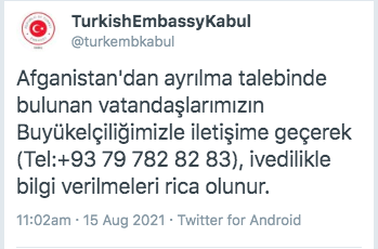 Türkiye'nin Kabil Büyükelçiliği'nden Afganistan'dan ayrılmak isteyen vatandaşlara davet