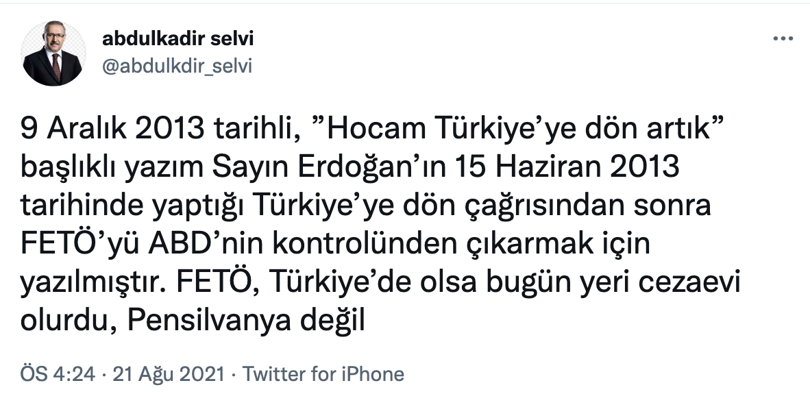 Abdulkadir Selvi'den "Hocam Türkiye'ye dön artık" açıklaması: FETÖ’yü ABD’nin denetiminden çıkarmak için yazılmıştır