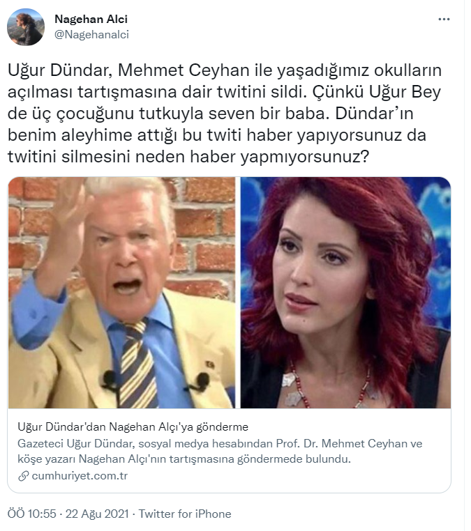 Nagehan Alçı'dan Cumhuriyet gazetesine: Uğur Dündar’ın aleyhimde attığı tweeti haber yapıyorsunuz da silmesini neden yapmıyorsunuz?