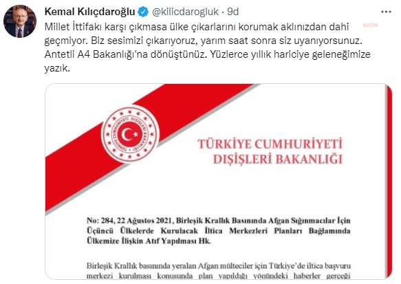 Kılıçdaroğlu'ndan Dışişleri Bakanlığı'na: Millet İttifakı karşı çıkmasa ülke çıkarlarını korumak aklınızdan dahi geçmiyor