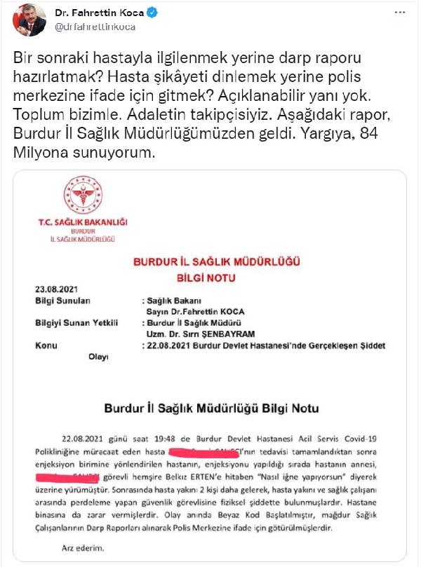 Bakan Koca'dan Burdur'da sıhhat çalışanlarına hücuma reaksiyon