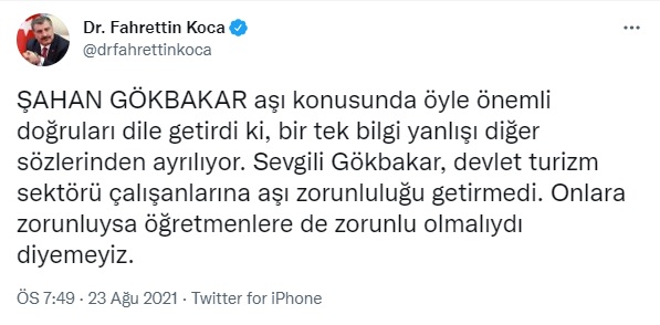 Sıhhat Bakanı Koca'dan Şahan Gökbakar'a karşılık: Devlet turizm dalı çalışanlarına aşı zaruriliği getirmedi