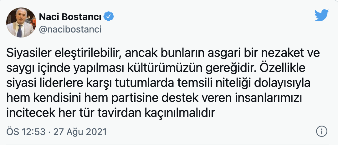 AKP'li Bostancı: Politikler eleştirilebilir, lakin nezaket ve hürmet içinde yapılması kültürümüzün gereğidir