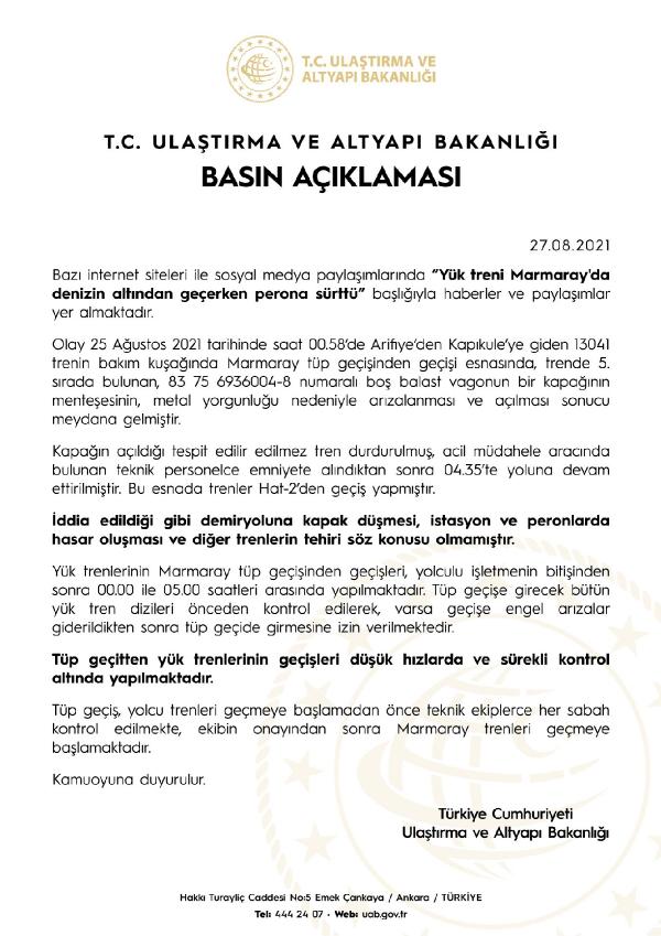 Ulaştırma ve Altyapı Bakanlığından 'Marmaray' açıklaması