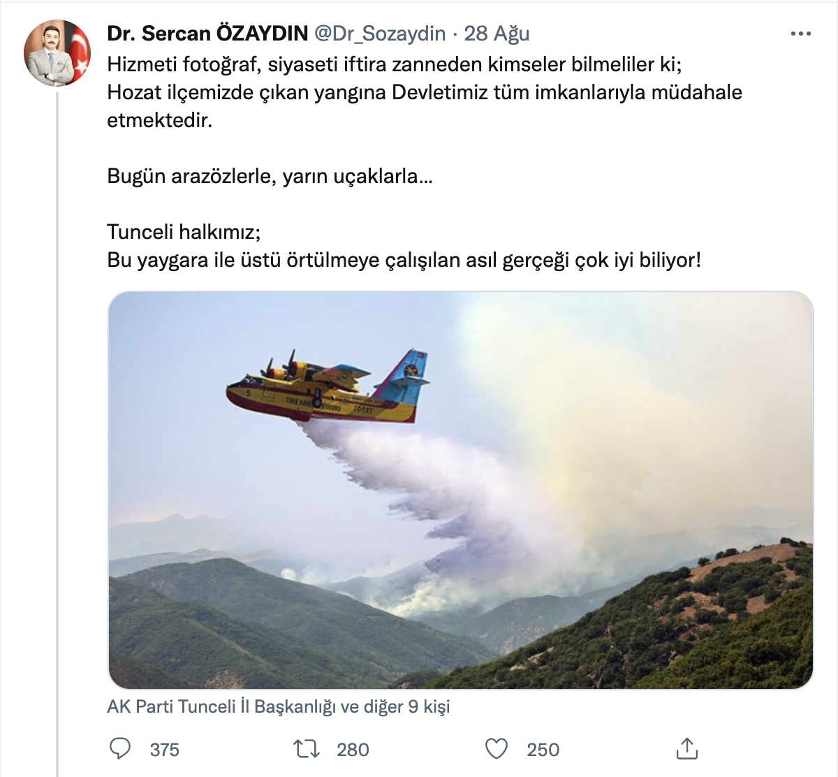 AKP'li vilayet lideri, Tunceli'deki yangın için Photoshop'lu görsel paylaştı: Devletimiz tüm imkanlarıyla müdahale etmektedir