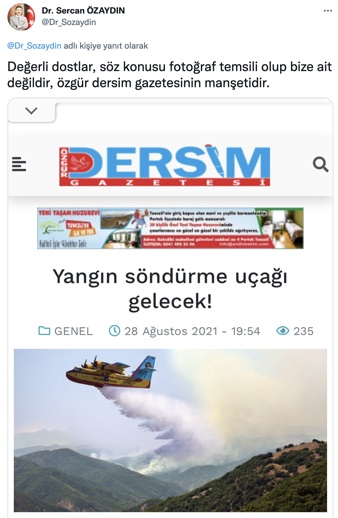 AKP'li vilayet lideri, Tunceli'deki yangın için Photoshop'lu görsel paylaştı: Devletimiz tüm imkanlarıyla müdahale etmektedir