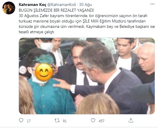 Uygun Partili Koç: Ulusal eğitim müdürü, 30 Ağustos Zafer Bayramı merasiminde 'saçı mavi' diye öğrencinin şiir okumasına müsaade vermedi