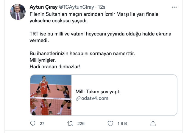 Uygun Partili Çıray'dan TRT'ye İzmir Marşı yansısı: Bu ihanetlerinizin hesabını sormayan namerttir