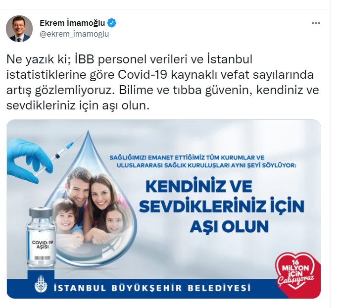 İmamoğlu: Ne yazık ki; İBB işçi dataları ve İstanbul istatistiklerine nazaran Covid-19 kaynaklı vefat sayılarında artış gözlemliyoruz