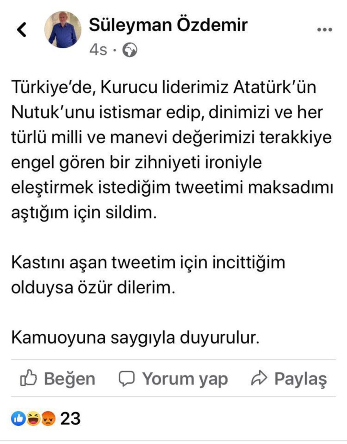 Nutuk paylaşımı reaksiyon çeken AKP’li ilçe lideri: İroniyle eleştirdiğim tweetimi, amacımı aştığım için sildim, incittiğim olduysa özür dilerim