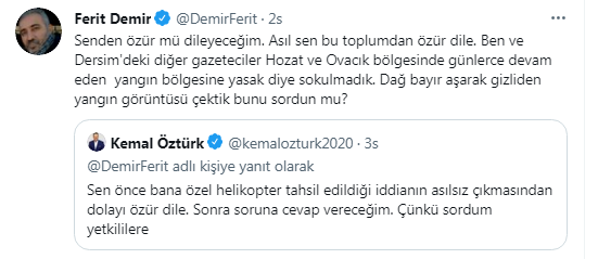 "Tunceli'de yangını bölgesine lokal gazetecilerin girmesi yasaktı" diyen Halk TV muhabiri Demir: HaberTürk muharriri Kemal Öztürk'e askeri helikopter tahsis edildi
