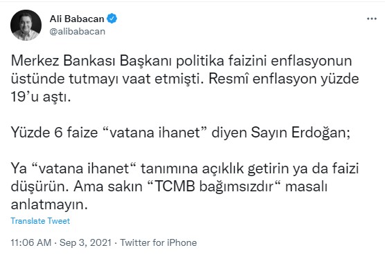 Ali Babacan: Yüzde 6 faize 'vatana ihanet' diyen Sayın Erdoğan; ya bu tanıma açıklık getirin ya da faizi düşürün