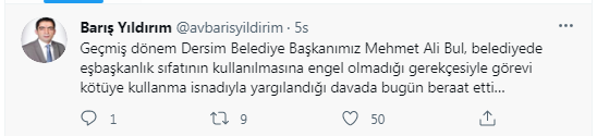 Eski Tunceli Belediye Lideri Mehmet Ali Bul hakkında “eş başkanlık” sıfatını kullandığı gerekçesiyle açılan davada beraat kararı