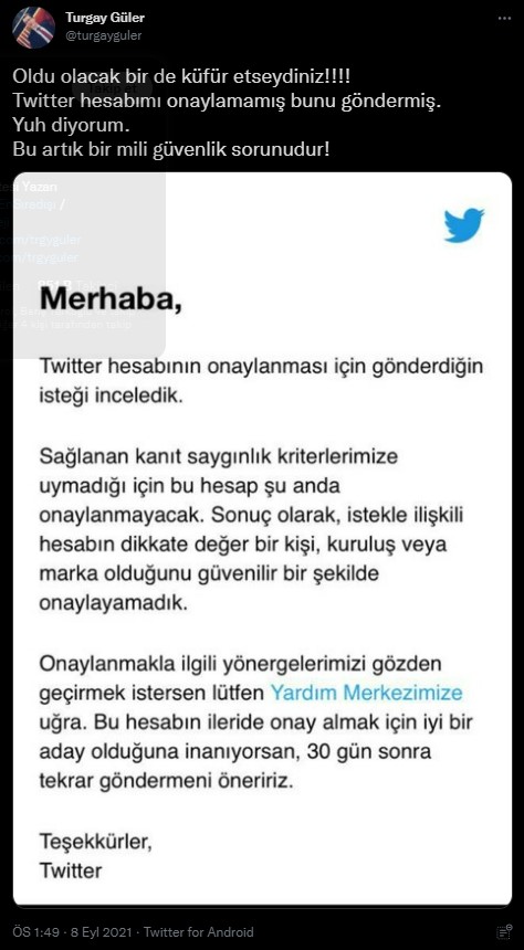Turgay Güler, hesabını onaylamayan Twitter'ı 'milli güvenlik sorunu' ilân etti