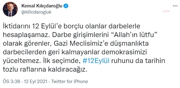 Kılıçdaroğlu: İktidarını 12 Eylül’e borçlu olanlar darbelerle hesaplaşamaz