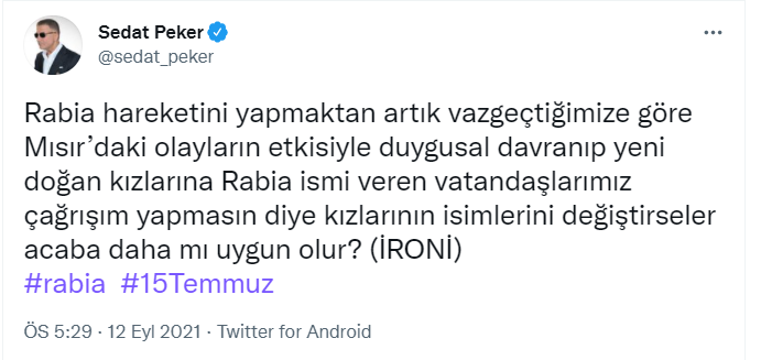 Sedat Peker'den 'ironili' Rabia göndermesi: Kızlarının isimlerini değiştirseler sanki daha mı uygun olur?