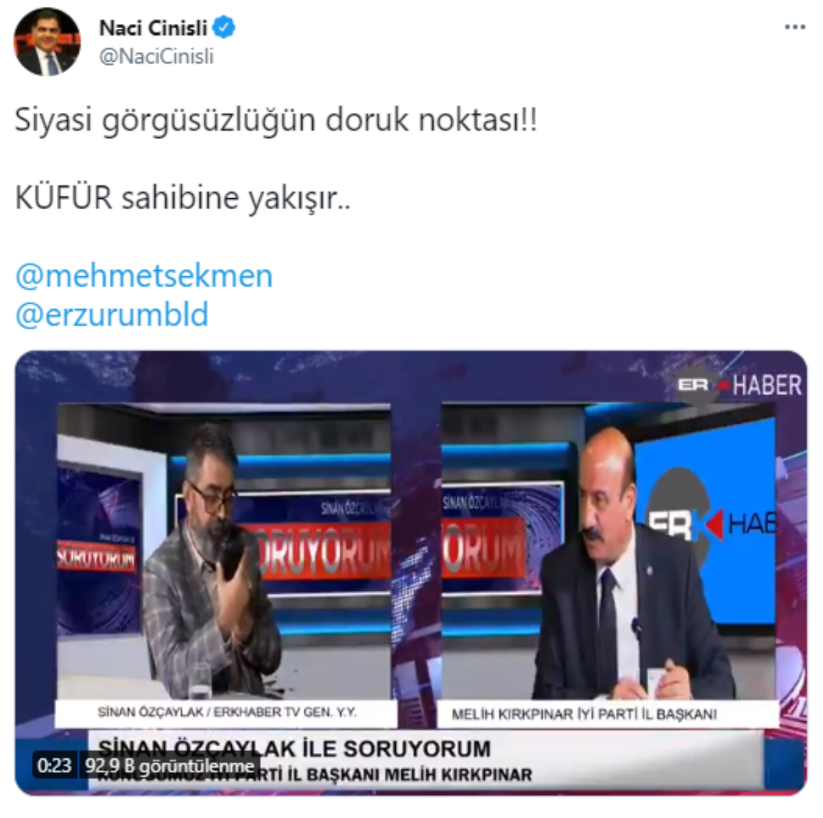 AKP’li Mehmet Sekmen’den Âlâ Parti’ki Melih Kırkpınar’a televizyon yayınında hakaret