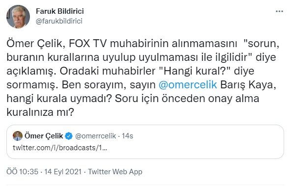Medya Ombudsmanı Bildirici'den AKP Sözcüsü Çelik'e: Fox muhabiri Barış Kaya, hangi kurala uymadı? Soru için evvelce onay alma kuralınıza mı?