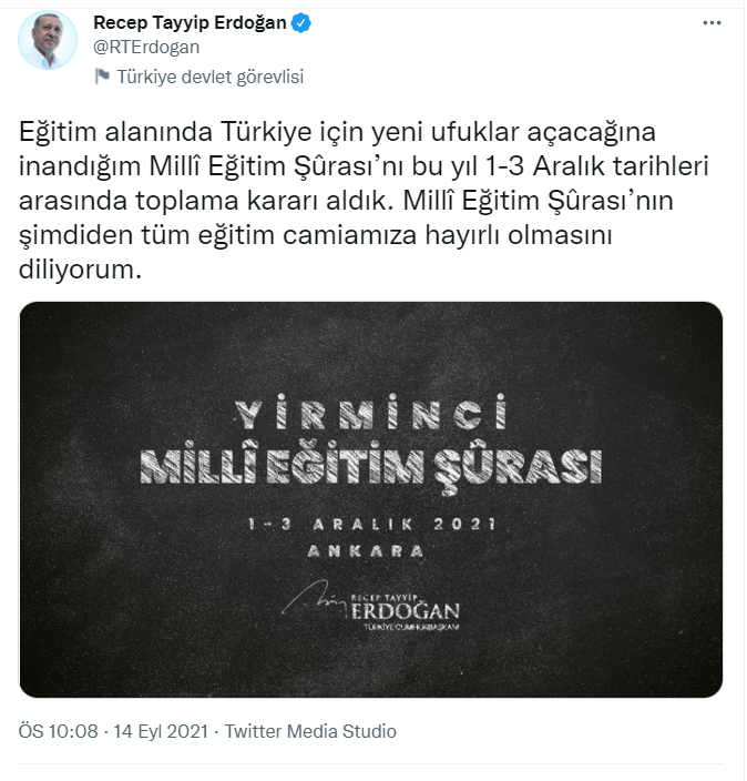 Erdoğan: Ulusal Eğitim Şurası'nı bu yıl 1-3 Aralık tarihleri ortasında toplama kararı aldık