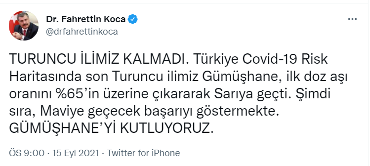 Sağlık Bakanı Koca: Turuncu ilimiz kalmadı; Gümüşhane'yi kutluyoruz