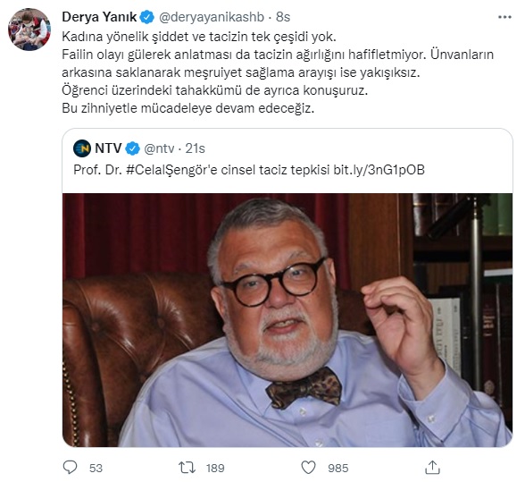 Aile ve Toplumsal Hizmetler Bakanı Derya Yanık'tan Prof. Dr. Celal Şengör'e reaksiyon: Bayana yönelik şiddet ve tacizin tek çeşidi yok