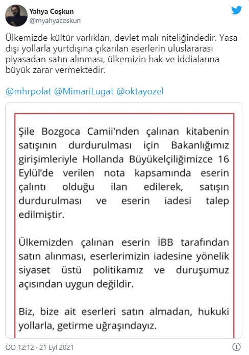 Erdoğan'ın danışmanı İsmail Yürekli'den, Türkiye’den kaçırılan yapıtı müzayededen satın alan İBB'ye şımarık çocuk benzetmesi