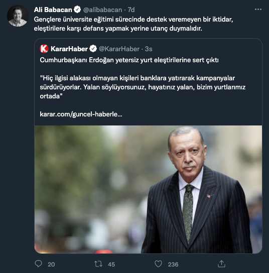 Babacan'dan Erdoğan'a yurt reaksiyonu: Gençlere dayanak veremeyen iktidar, tenkitlere karşı defans yapmak yerine utanç duymalı