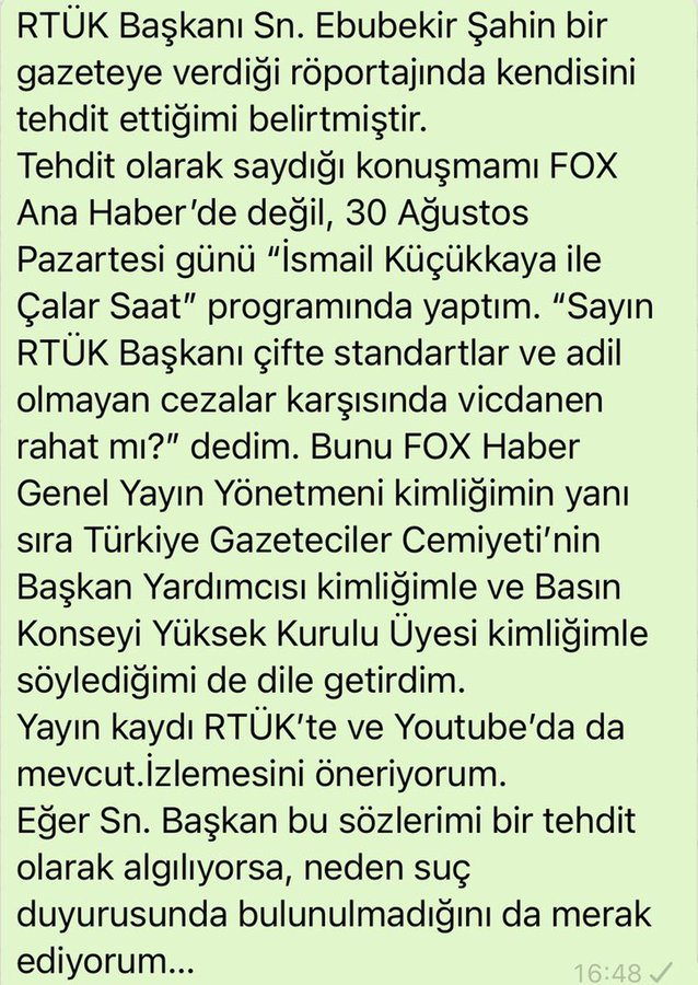 FOX Haber Genel Yayın Direktörü Şentürk'ten 'beni tehdit etti' diyen RTÜK Lideri Şahin'e karşılık