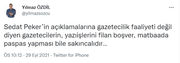Yılmaz Özdil’den Faruk Bildirici’ye: Sedat Peker’in açıklamalarına gazetecilik faaliyeti değil diyen gazetecilerin matbaada paspas yapması bile sakıncalıdır