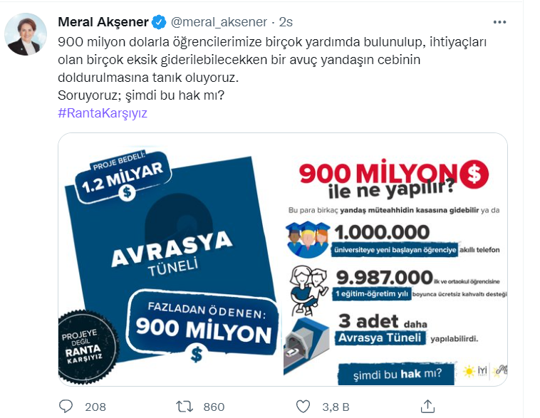 Akşener'den 'Avrasya Tüneli' hesabı: 900 milyon dolar ile ne yapılır?