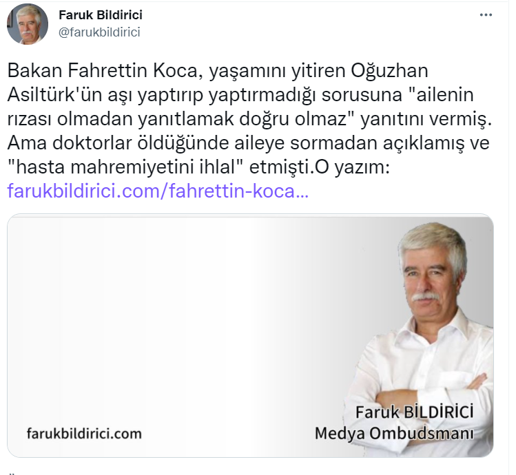 Medya Ombudsmanı Faruk Bildirici: Fahrettin Koca'nın hasta mahremiyetini ihlal özgürlüğü mü var?