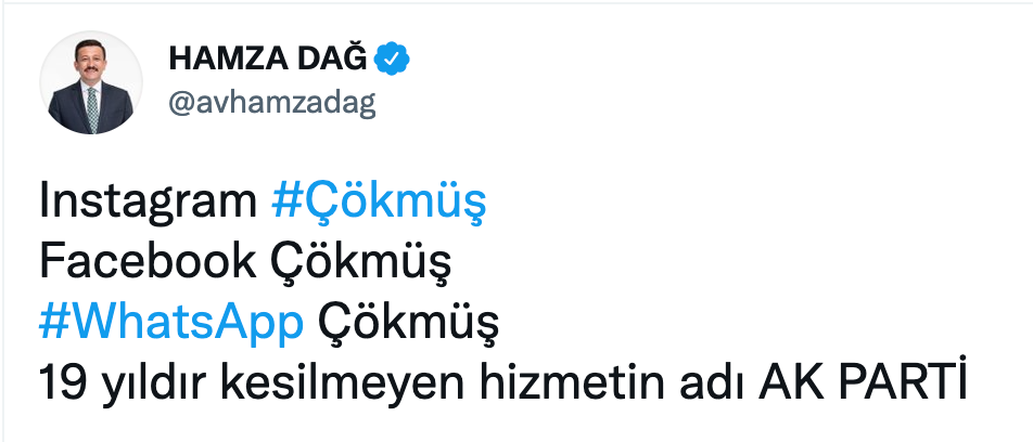 AKP'li Hamza Dağ: Instagram çökmüş, Facebook çökmüş, WhatsApp Çökmüş 19 yıldır kesilmeyen hizmetin ismi Ak Parti