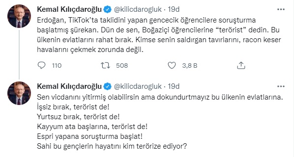 Kılıçdaroğlu’ndan Erdoğan’a: Bu ülkenin evlatlarını rahat bırak, kimse senin racon keser havalarını çekmek zorunda değil