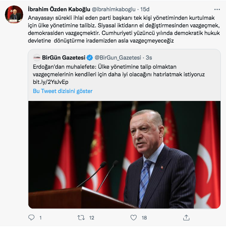 CHP’li Kaboğlu’ndan Erdoğan’a:  Anayasayı daima ihlal eden parti lideri tek kişi idaresinden kurtulmak için ülke idaresine talibiz