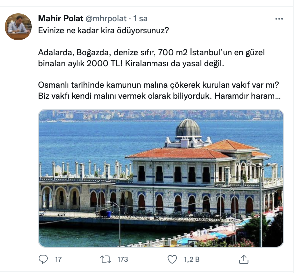 İBB Genel Sekreter Yardımcısı: Adalar’da, Boğaz’da, denize sıfır, 700 m2 İstanbul’un en hoş binaları aylık 2000 TL, kiralanması da yasal değil