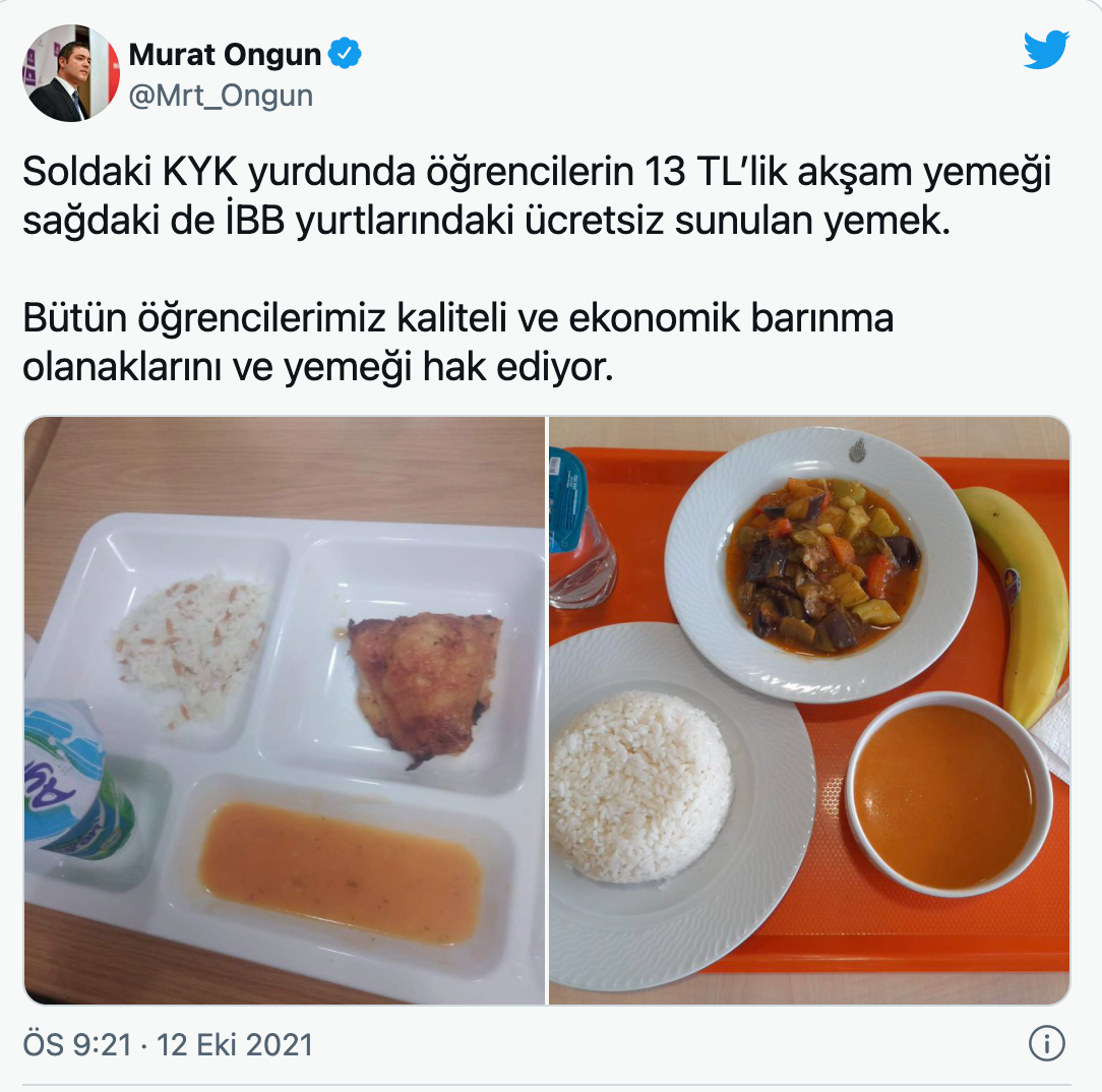 İBB Sözcüsü Murat Ongun KYK ile İBB yurtlarındaki yemeklerin fotoğraflarını paylaştı