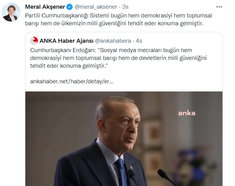 Akşener'den Erdoğan'a gönderme: Partili cumhurbaşkanlığı sistemi, ulusal güvenliği tehdit eder pozisyona gelmiştir