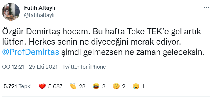Fatih Altaylı'dan Prof. Özgür Demirtaş'a davet: Hocam, bu hafta Teke TEK'e gel artık lütfen